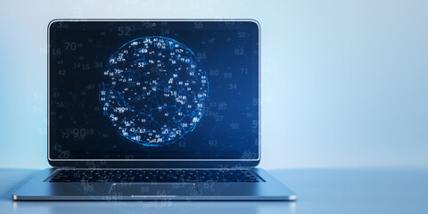 A laptop displaying a network concept on its screen, with a digital sphere and connection lines, placed against a blue background, representing connectivity or internet technology. 3D Rendering