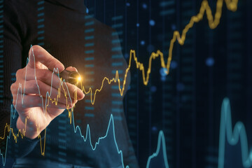 A person's hand interacting with glowing stock market graphs on a futuristic digital interface, concept of financial analysis