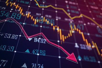 A digital stock market chart showing a downward trend arrow against a blue and black background,...