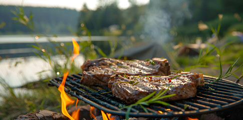 Summer camping outdoors barbecue near river. Grilled hot beef steak