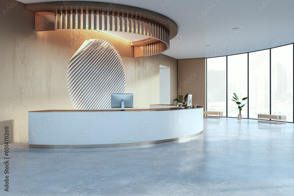 Poster a modern reception area with decorative wall, curved desk, city view through large windows, and conc