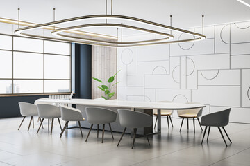 Modern conference room with stylish furniture and large windows, concept of minimalist interior design. 3D Rendering
