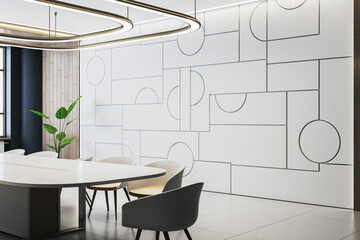 A modern dining room with geometric wall design, wooden accents, and contemporary furniture on a light background, symbolizing minimalism. 3D Rendering