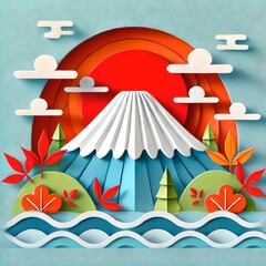 Vibrant Mount Fuji with Red Sun and Autumn Leaves