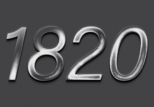 Chrome metal 3D number design of 1820 on grey background.