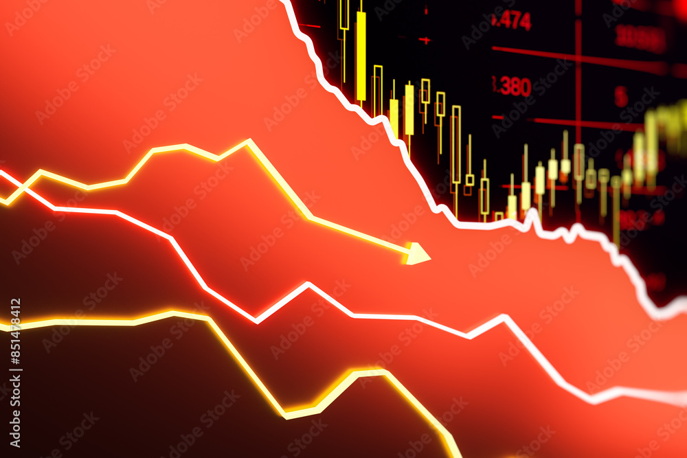 Poster a stock image showing an abstract financial chart with a downward trend, on a red background, symbol