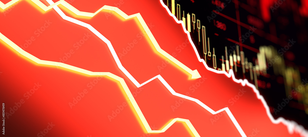 Poster a digital image featuring a bearish stock market trend with red and yellow colors on a dark backgrou