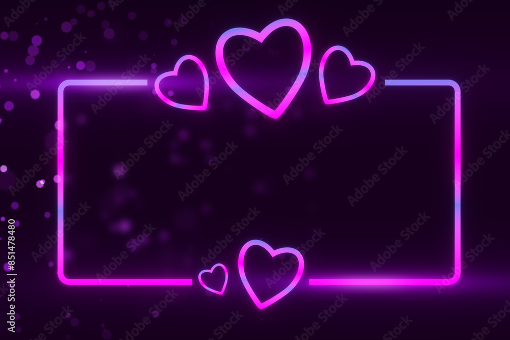 Poster Pink neon hearts and rectangle frame on a purple backdrop with bokeh effects, showcasing a love concept. 3D Rendering