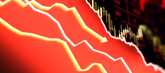 A digital image featuring a bearish stock market trend with red and yellow colors on a dark...
