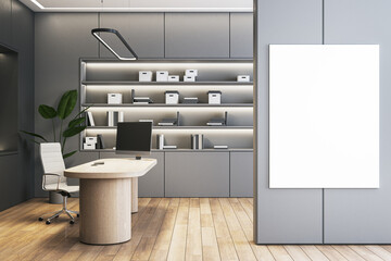 Modern office interior with a blank white canvas on the wall, wooden floor, and furniture. 3D Rendering