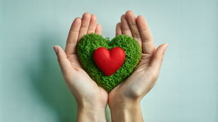 Fototapeta premium A serene image of open palms cradling a heart, conveying the themes of giving, support, and compassion. Frequently used in nonprofit and motivational campaigns.