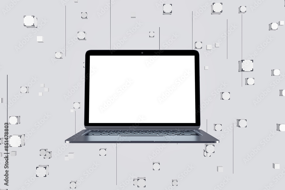 Poster Laptop with blank screen floating on a digital background with geometric shapes, symbolizing a tech concept. 3D Rendering