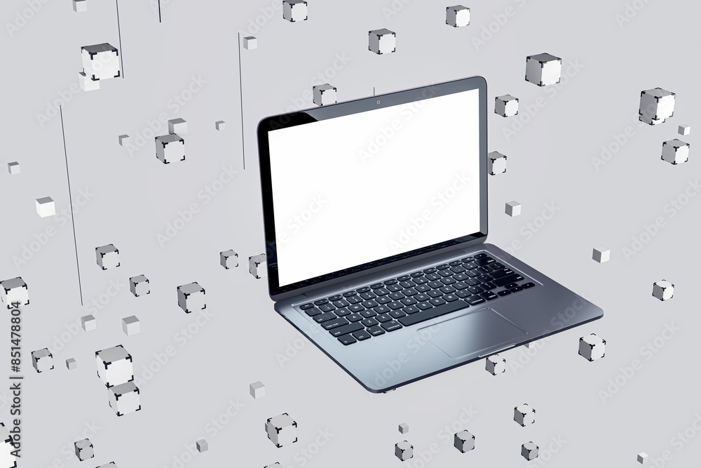 Wall mural a laptop with a blank screen surrounded by floating cubes on a light grey background, concept of dig