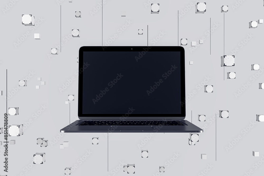 Aufkleber A floating laptop with a blank screen, digital graphic squares on a light background, concept of technology and innovation. 3D Rendering