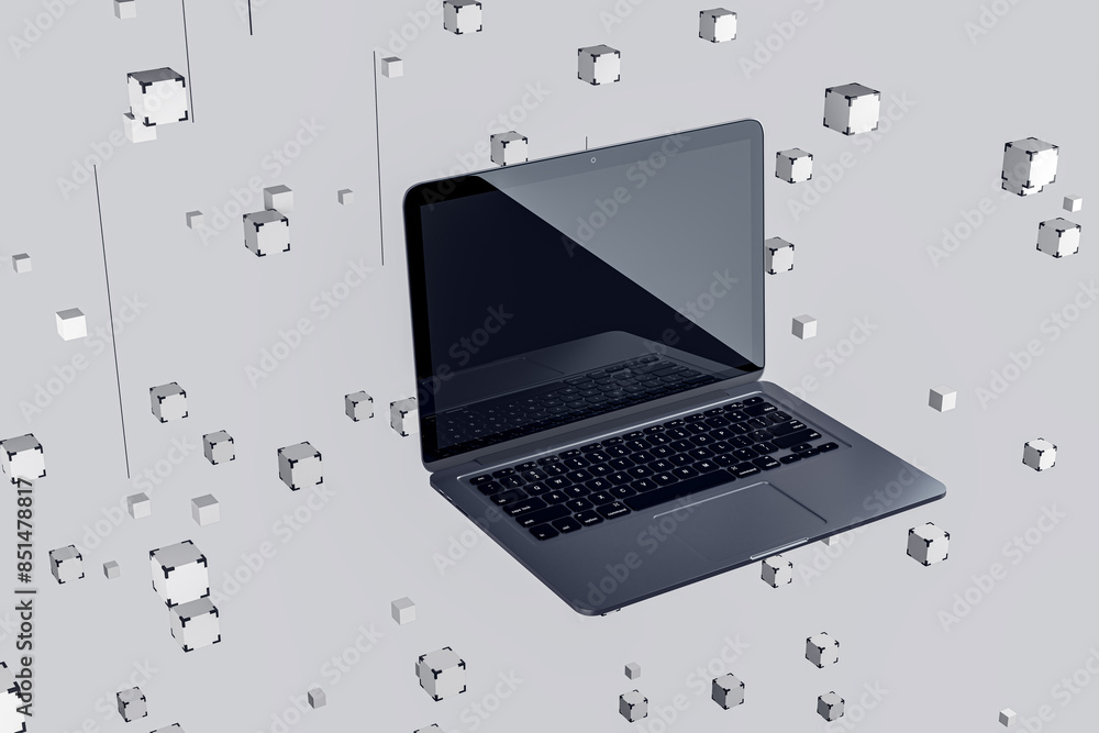 Poster a laptop floating among geometric shapes on a neutral background, illustrating a concept of digital 