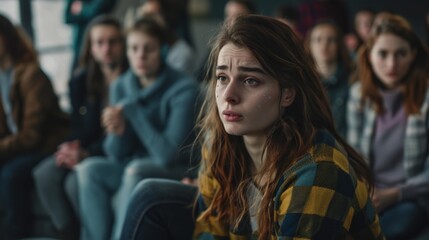 Obraz premium Sad depressed woman at support group meeting for mental health and addiction issues in anonymous community space with many people around