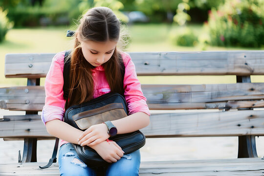 Unhappy and sad schoolgirl sitting on wooden bench in the park