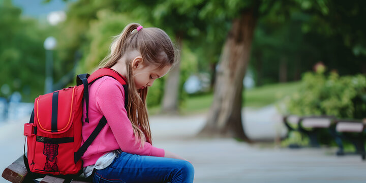 Unhappy and sad schoolgirl sitting on wooden bench in the park
