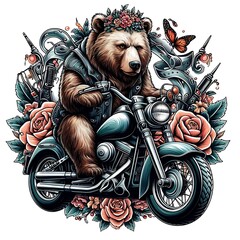 A bear design colours drawing graphic riding a motorcycle design colours drawing graphic.