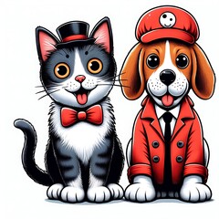 A cat design drawing graphic and dog design drawing graphic wearing hats and ties engaging vector professional eyecatching.