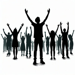 Fototapeta premium A vector illustration of young people worshiping, silhouetted with hands lifted.