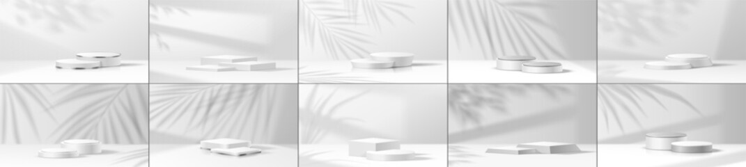 Product podiums and leaves shadows realistic vector illustration set. Light space. Showroom empty pedestals 3d objects on white background