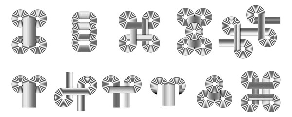 Obraz premium Set of geometric lines of arches and circles of twisted abstract shapes. Linear design element in modern Bauhaus boho aesthetic style.