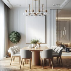 A dining room with empty white poster decoration combined with a table and chairs unique creative engaging informative professional.