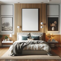 A bed in bedroom there is an poster empty white and combine with A bed in bedroom and a picture frame decoration unique professional.