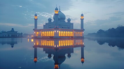 Obraz premium A majestic white mosque with golden lights, reflecting on a calm lake at dusk.