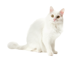 Full body shot of Turkish Angora cat, sitting,  looking around curiously.