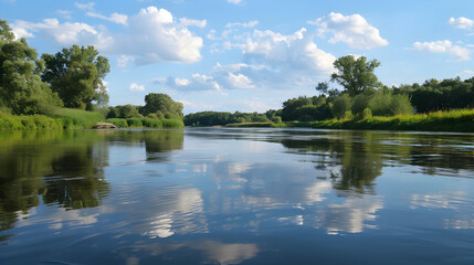 Fototapeta premium A calm river with reflections of the sky and trees.