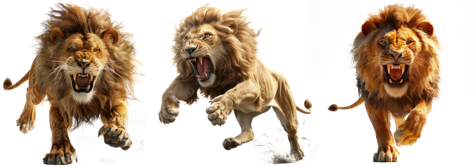 Set of Fierce Charging Lion with Majestic Mane in Action, Isolated on Transparent Background