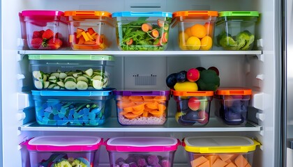 Refrigerator filled with lunch boxes prepared for healthy meals