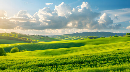 Obraz premium A tranquil countryside with rolling fields.