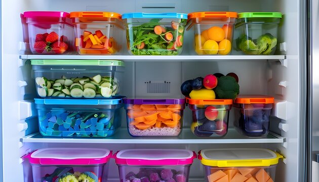 Refrigerator filled with lunch boxes prepared for healthy meals