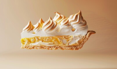 A slice of delicious lemon meringue pie suspended in mid-air, showcasing its golden crust and fluffy meringue topping against a soft background