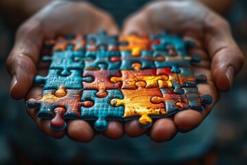 Naklejka premium Team holding jigsaw puzzle pieces. Concept of business solutions, success, and strategy.