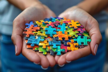 Naklejka premium Team holding jigsaw puzzle pieces. Concept of business solutions, success, and strategy.