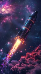 Futuristic Rocket Takeoff in Radiant Aurora Borealis Sky with Neon Lights and Billowing Smoke Trails