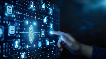 Fototapeta premium Biometric fingerprint scan Finger touching a digital interface with glowing fingerprint and technological icons