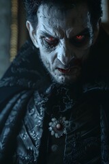 Obraz premium Haunting Vampire Portrait with Glowing Blood-Red Eyes,Bared Fangs,and a Sinister Grin