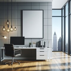 A desk with a computer and a chair in a room with a large window imagephoto card design.