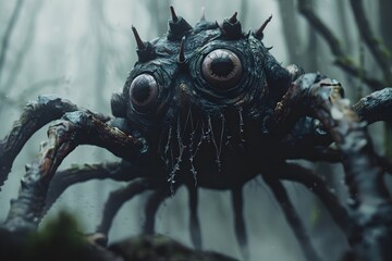 Nightmarish Multi-Eyed Creature Lurking in Ominous Woodland Atmosphere