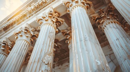 A closeup of classical Greek columns, each with intricate carvings and a soft white marble finish, standing in the center of an architectural building.