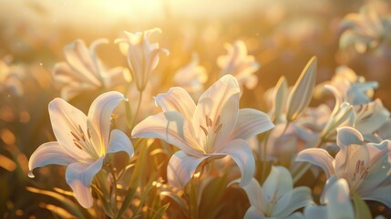 Fototapeta premium A symbol of gentleness, purity, and virtue, beautiful white lilies stand out against a light background in a close-up captured through digital AI technology.