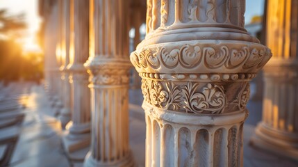 A closeup of classical Greek columns, each with intricate carvings and a soft white marble finish, standing in the center of an architectural building.