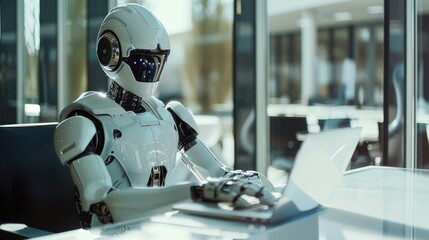 In a futuristic office setting, a robot humanoid is depicted using a laptop while seated at a table.