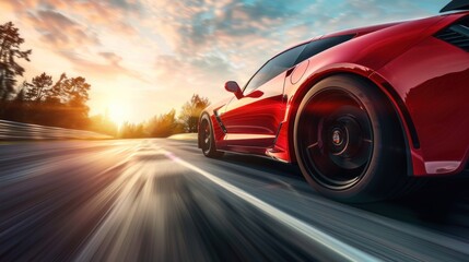 A red sports car speeds through a turn on a high-speed highway, showcasing its agility and power. This scene is captured with motion speed effects using digital AI technology.