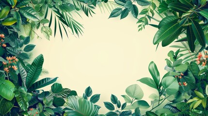 A vibrant green tropical foliage frame with a light yellow background. Perfect for summery designs.